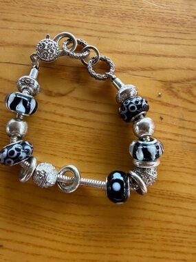 Silver Tone Bracelet with Black & White Glass Beads